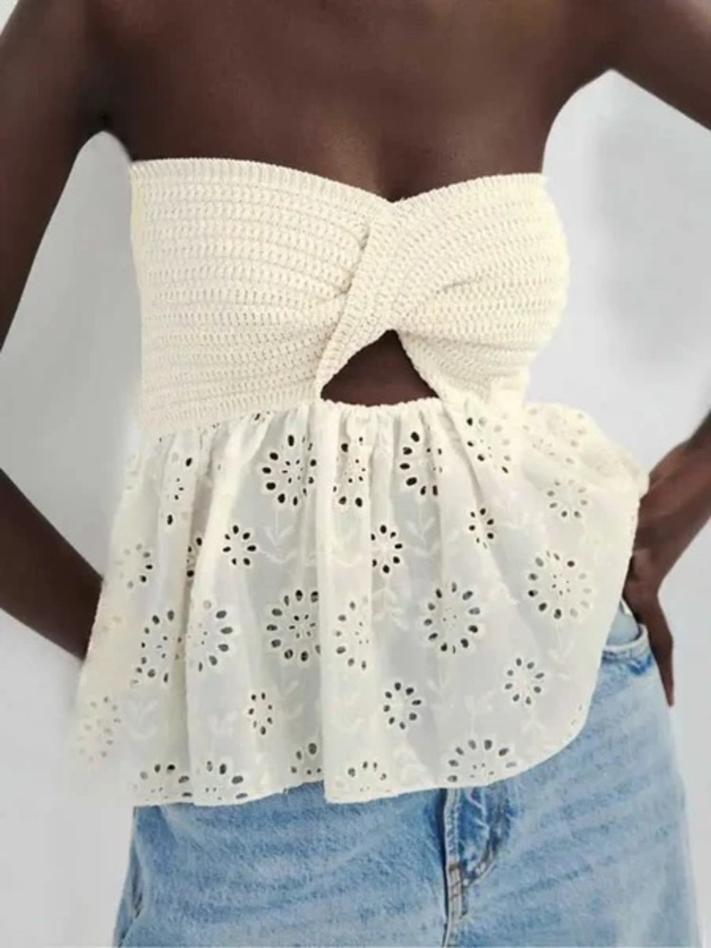 Zara Cream Crochet Twist Strapless Peplum Top